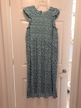 Women Teal Floral Smocked Midi Dress with Ruffle Sleeves